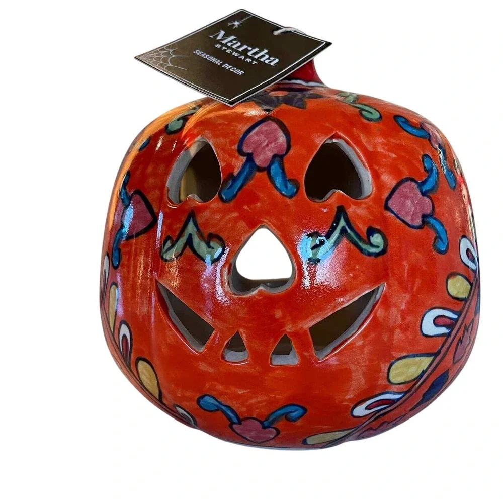 Martha Stewart Ceramic Jack-O-Lantern Pumpkin Tea Light Holder‎ Hand Painted New